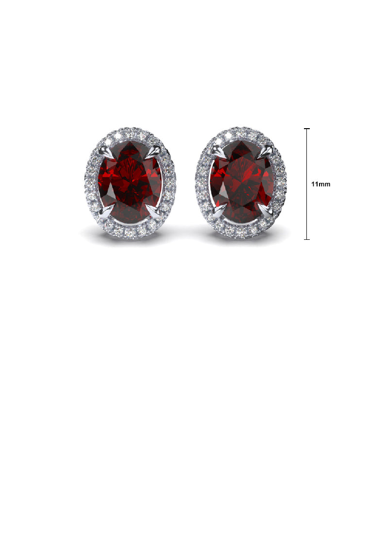 925 Sterling Silver Simple Brilliant Geometric Oval Stud Earrings with Red Cubic Zirconia - Luxurious Look - Vibrant Color