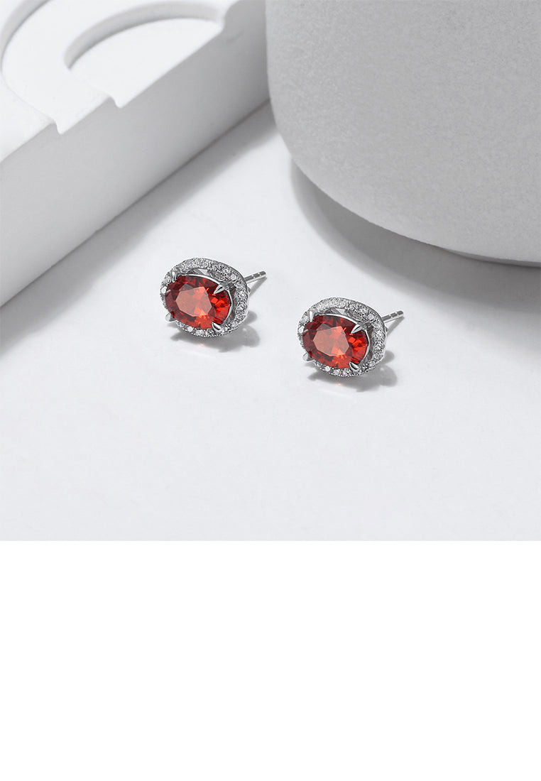 925 Sterling Silver Simple Brilliant Geometric Oval Stud Earrings with Red Cubic Zirconia - Luxurious Look - Vibrant Color