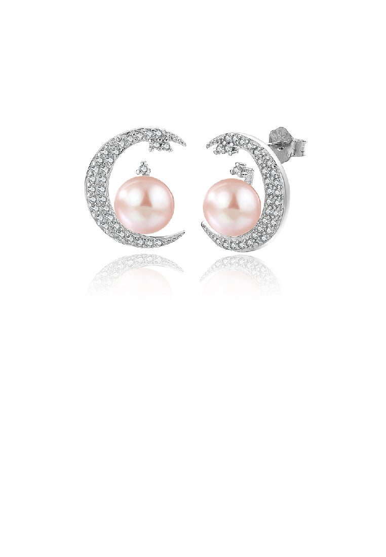 925 Sterling Silver Fashion Simple Moon Purple Freshwater Pearl Stud Earrings with Cubic Zirconia - Luxurious Look