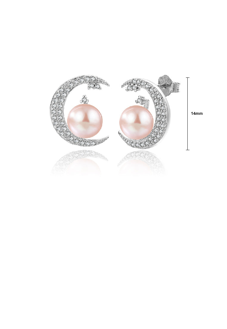 925 Sterling Silver Fashion Simple Moon Purple Freshwater Pearl Stud Earrings with Cubic Zirconia - Luxurious Look
