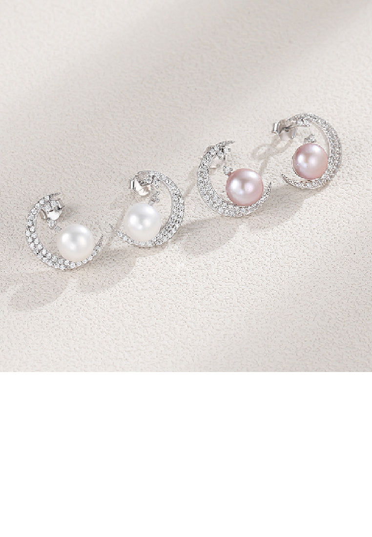 925 Sterling Silver Fashion Simple Moon Purple Freshwater Pearl Stud Earrings with Cubic Zirconia - Luxurious Look