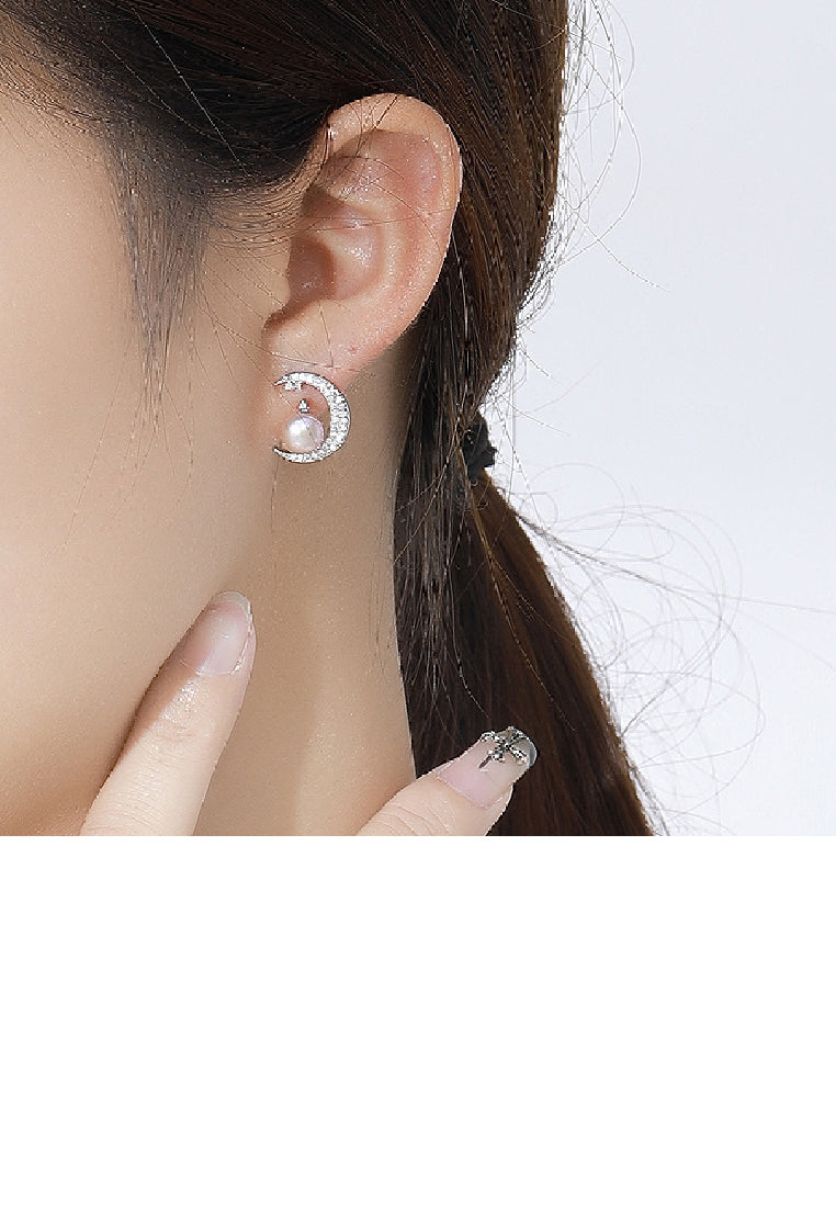 925 Sterling Silver Fashion Simple Moon Purple Freshwater Pearl Stud Earrings with Cubic Zirconia - Luxurious Look
