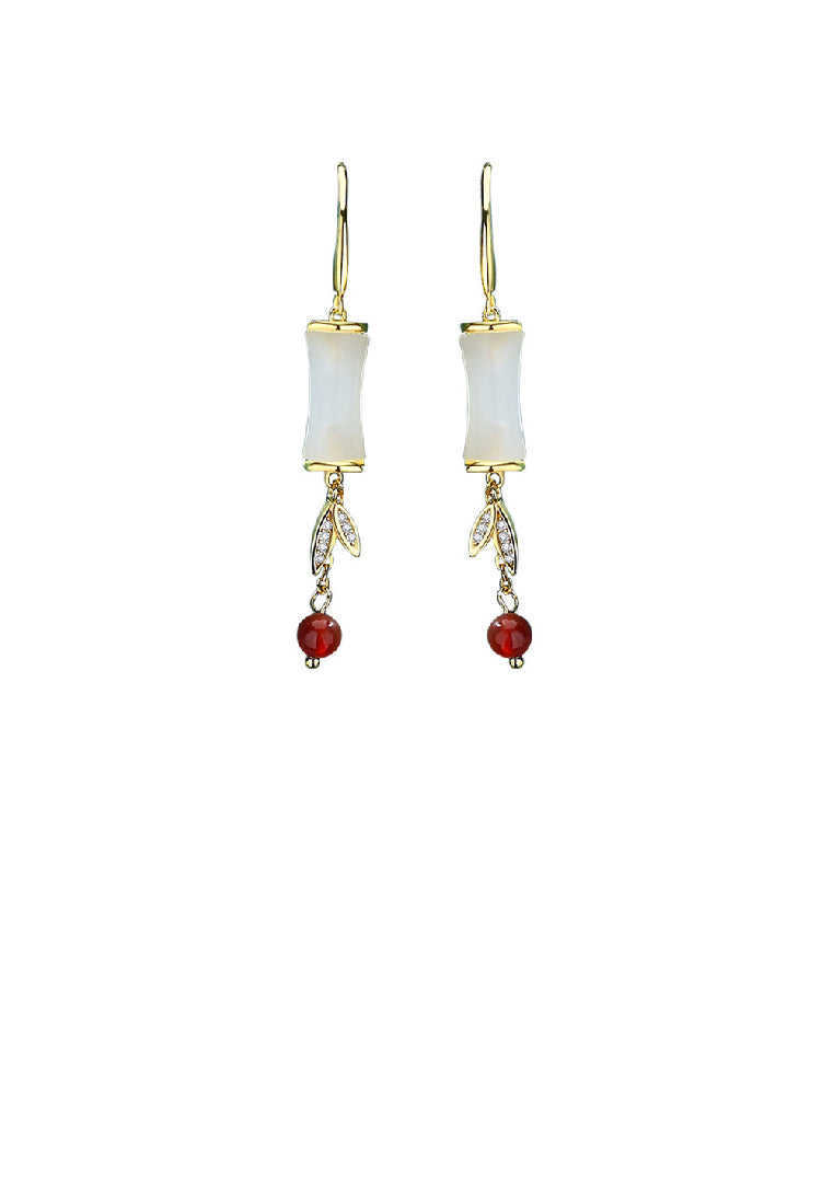 925 Sterling Silver Plated Gold Fashion Vintage Bamboo Imitation White Agate Tassel Earrings with Cubic Zirconia - Luxurious Look