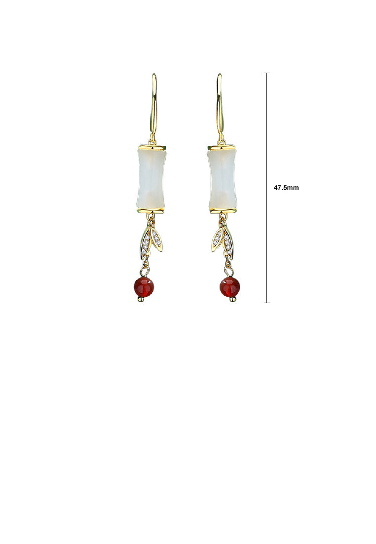 925 Sterling Silver Plated Gold Fashion Vintage Bamboo Imitation White Agate Tassel Earrings with Cubic Zirconia - Luxurious Look