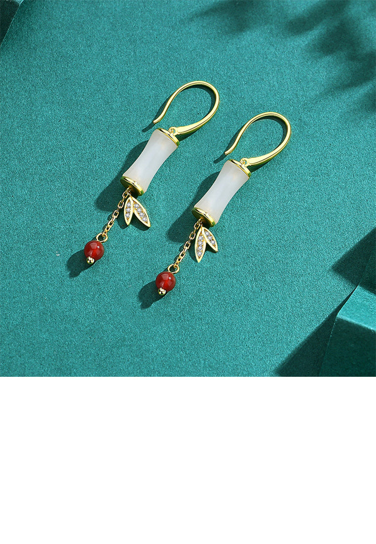 925 Sterling Silver Plated Gold Fashion Vintage Bamboo Imitation White Agate Tassel Earrings with Cubic Zirconia - Luxurious Look