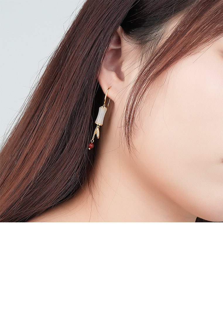 925 Sterling Silver Plated Gold Fashion Vintage Bamboo Imitation White Agate Tassel Earrings with Cubic Zirconia - Luxurious Look