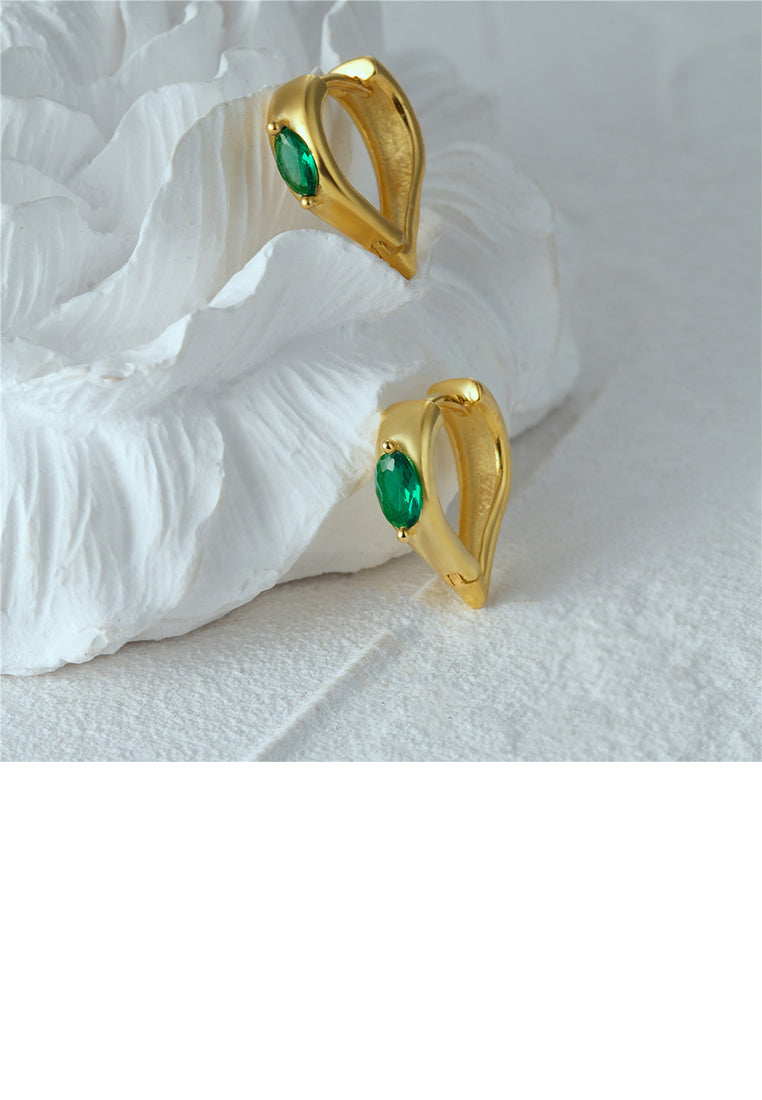 925 Sterling Silver Plated Gold Simple Romantic Heart Shaped Earrings with Green Cubic Zirconia - Luxurious Look