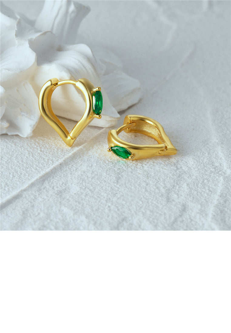 925 Sterling Silver Plated Gold Simple Romantic Heart Shaped Earrings with Green Cubic Zirconia - Luxurious Look