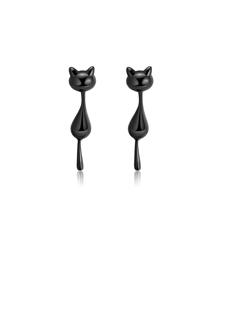 925 Sterling Silver Simple Cute Black Cat Stud Earrings