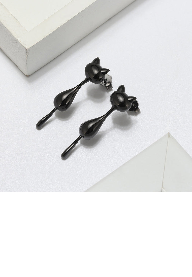 925 Sterling Silver Simple Cute Black Cat Stud Earrings