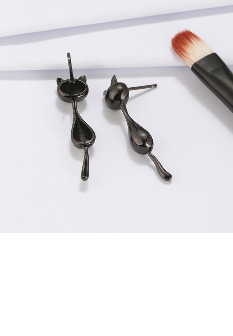 925 Sterling Silver Simple Cute Black Cat Stud Earrings