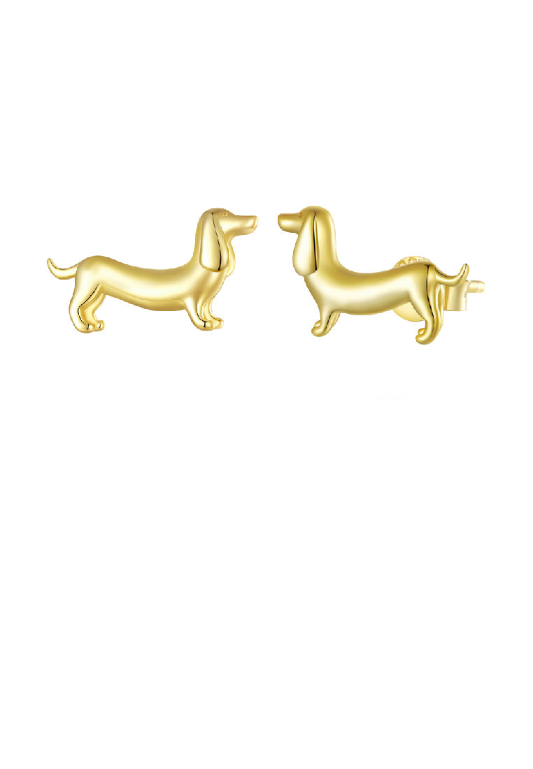 925 Sterling Silver Plated Gold Simple Cute Dachshund Stud Earrings with Cubic Zirconia - Luxurious Look