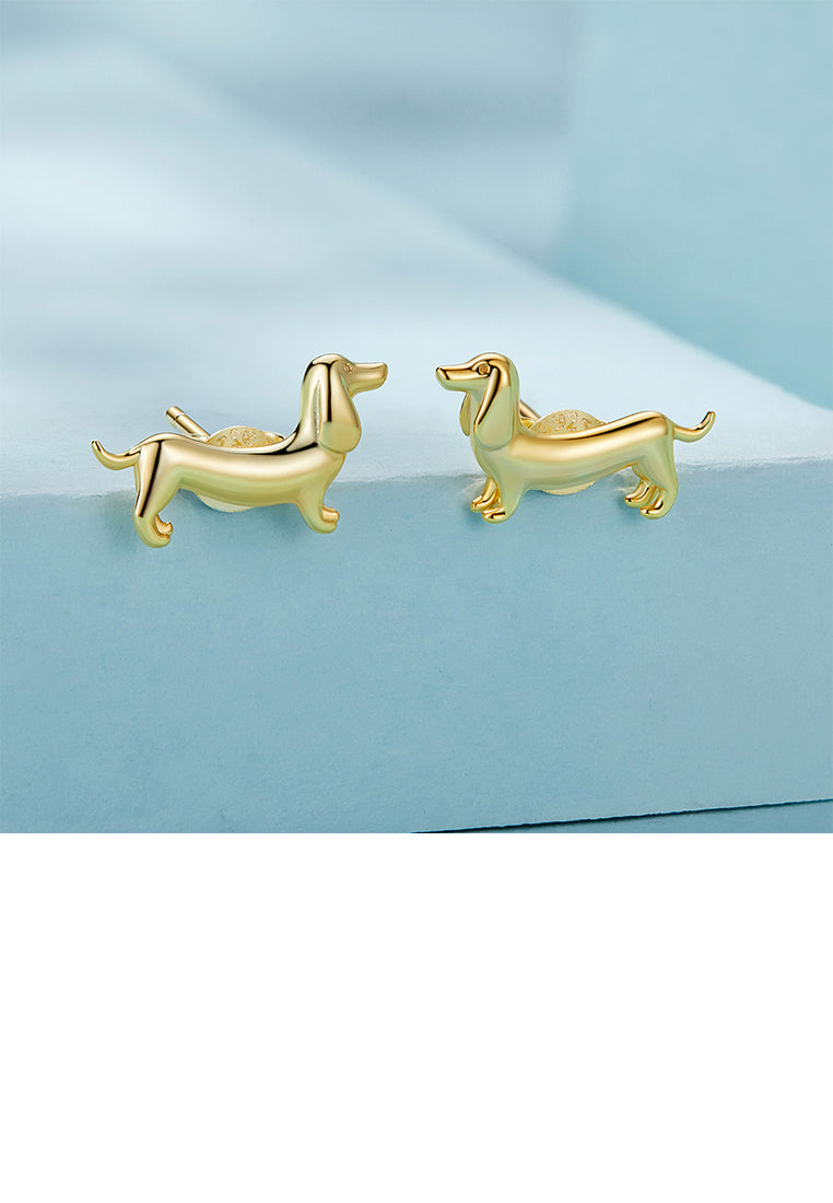 925 Sterling Silver Plated Gold Simple Cute Dachshund Stud Earrings with Cubic Zirconia - Luxurious Look
