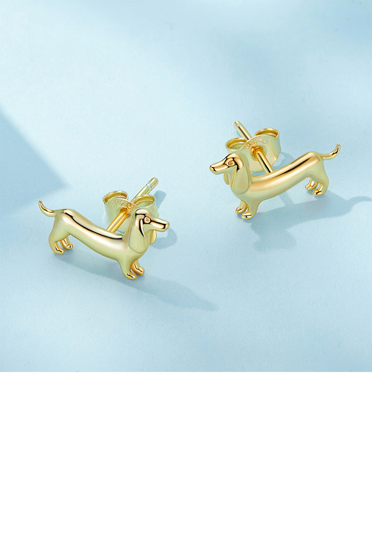 925 Sterling Silver Plated Gold Simple Cute Dachshund Stud Earrings with Cubic Zirconia - Luxurious Look