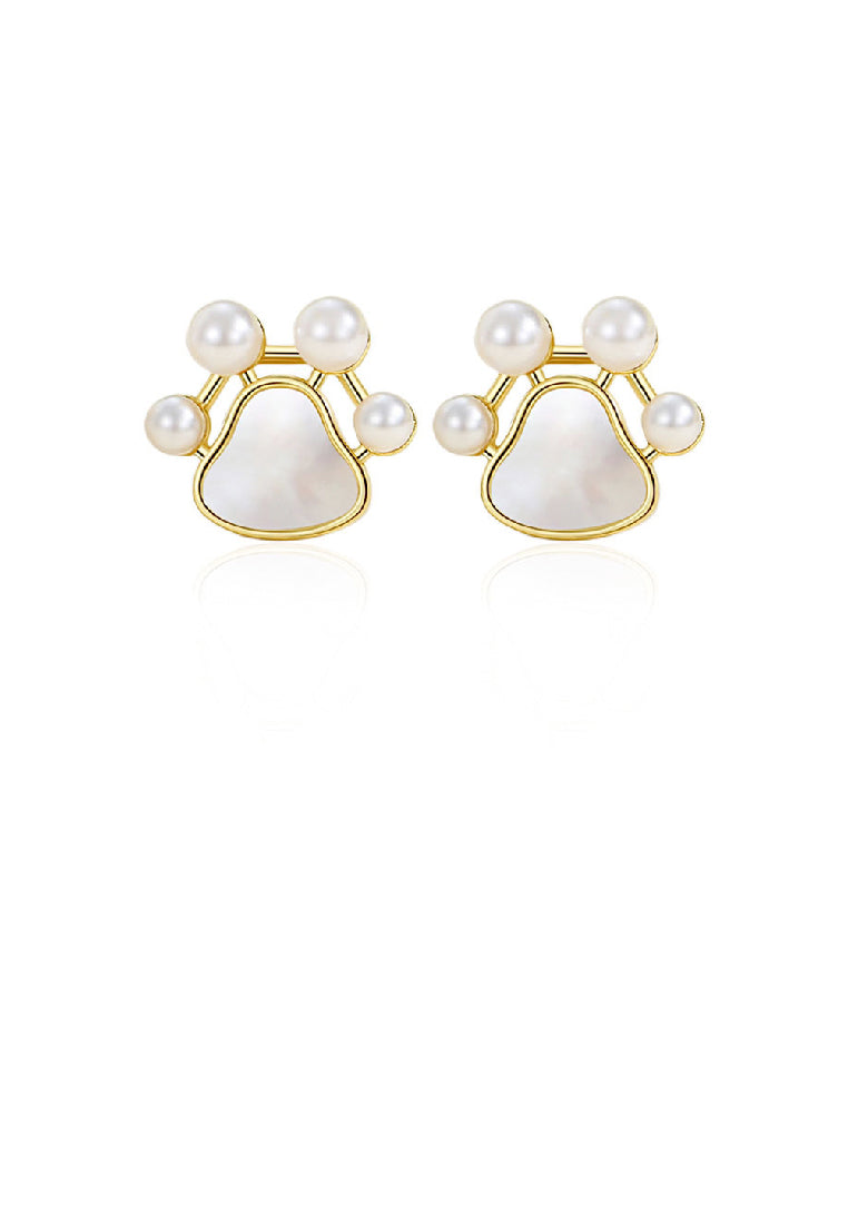 925 Sterling Silver Plated Gold Simple Cute Dog Paw Print Stud Earrings with Imitation Pearls