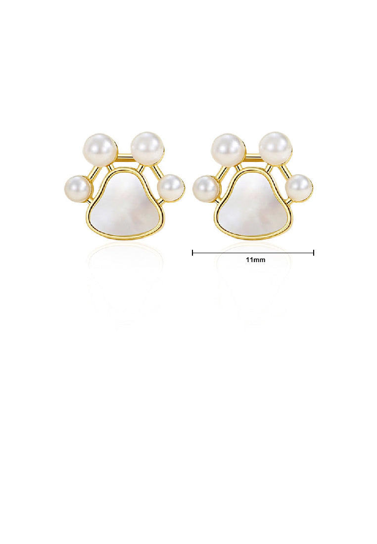 925 Sterling Silver Plated Gold Simple Cute Dog Paw Print Stud Earrings with Imitation Pearls