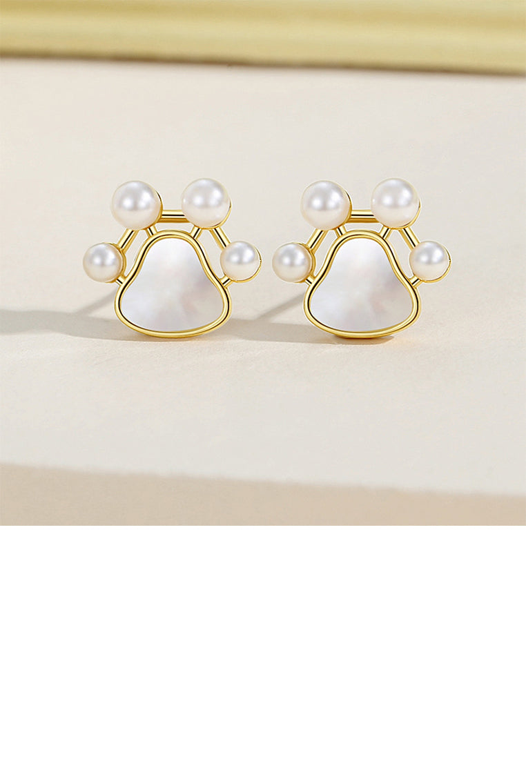 925 Sterling Silver Plated Gold Simple Cute Dog Paw Print Stud Earrings with Imitation Pearls