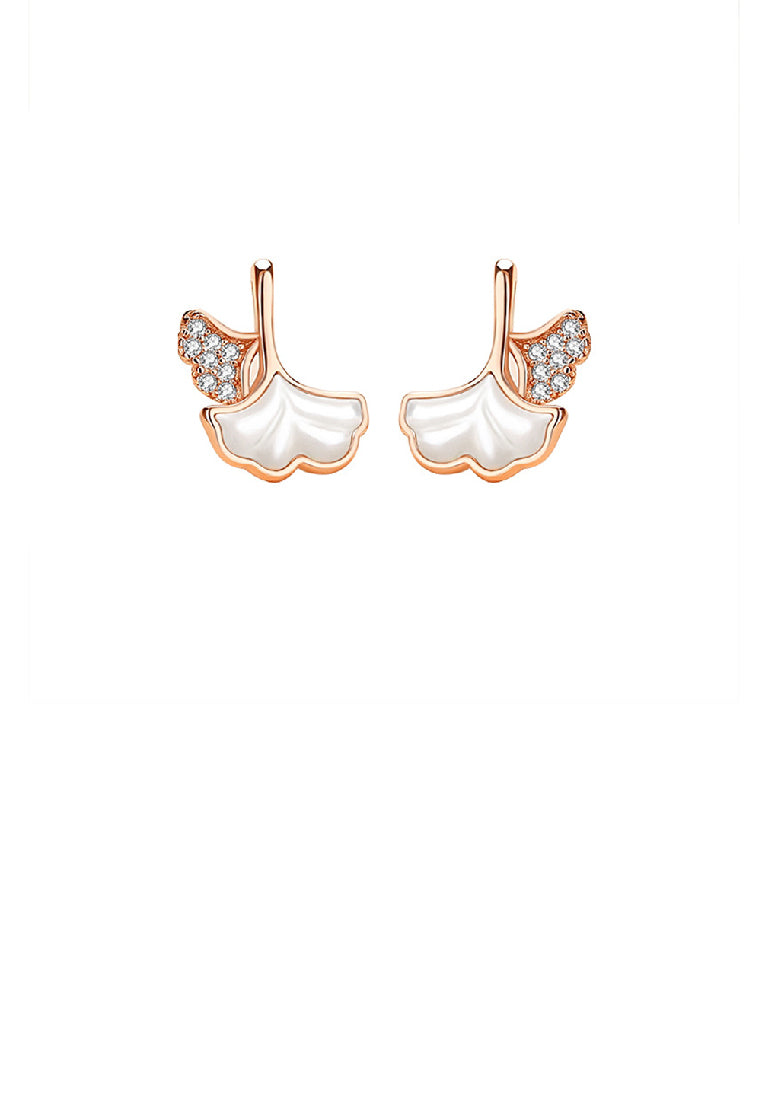 925 Sterling Silver Plated Rose Gold Simple Fashion Ginkgo Leaf Mother-of-pearl Stud Earrings with Cubic Zirconia - Luxurious Look