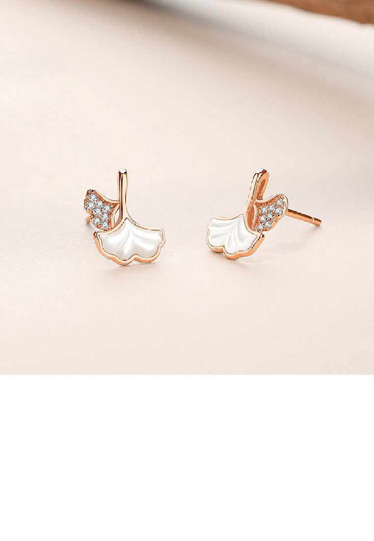 925 Sterling Silver Plated Rose Gold Simple Fashion Ginkgo Leaf Mother-of-pearl Stud Earrings with Cubic Zirconia - Luxurious Look