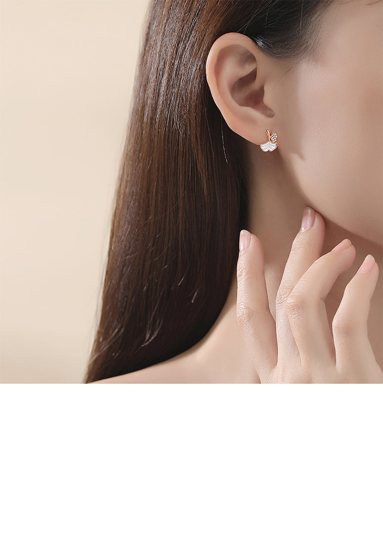 925 Sterling Silver Plated Rose Gold Simple Fashion Ginkgo Leaf Mother-of-pearl Stud Earrings with Cubic Zirconia - Luxurious Look