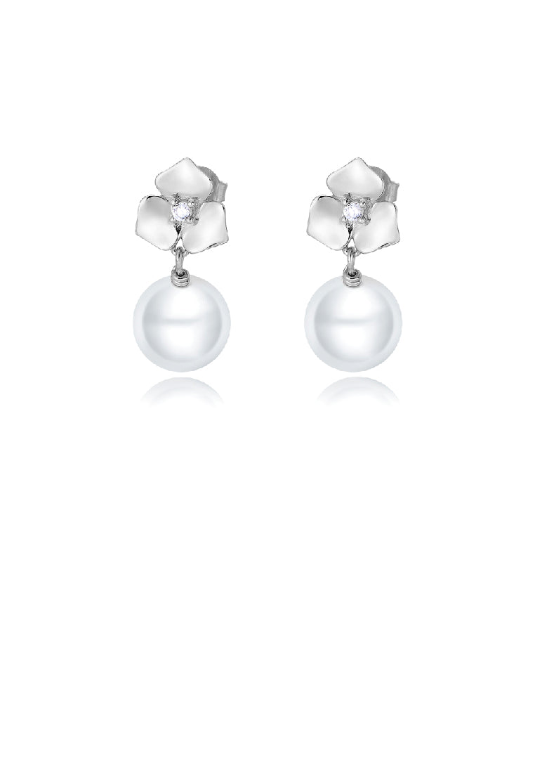 925 Sterling Silver Fashion Elegant Flower Imitation Pearl Earrings with Cubic Zirconia - Luxurious Look