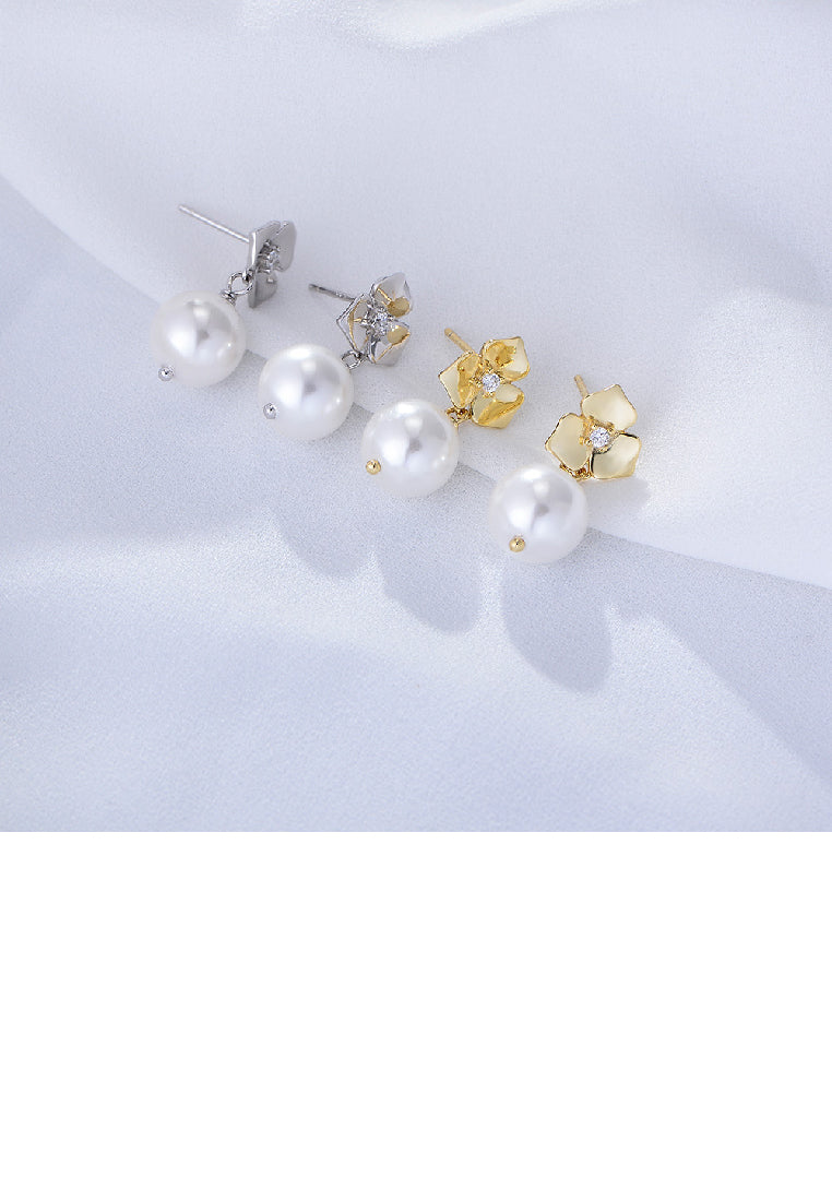 925 Sterling Silver Fashion Elegant Flower Imitation Pearl Earrings with Cubic Zirconia - Luxurious Look