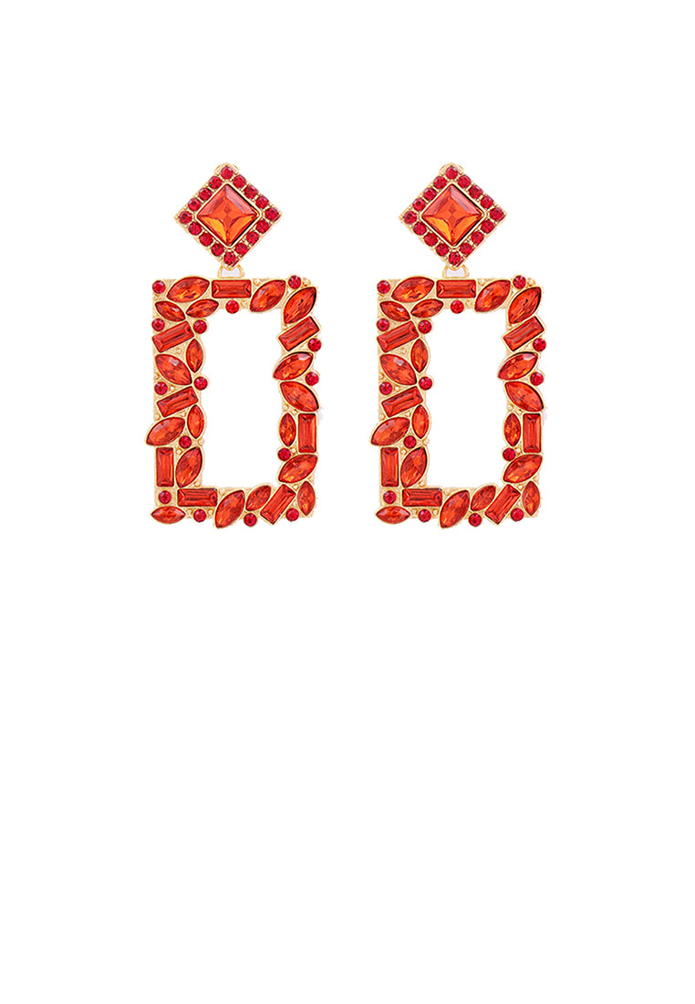 Fashion and Simple Plated Gold Hollow Rectangular Earrings with Red Cubic Zirconia - Luxurious Look - Vibrant Color