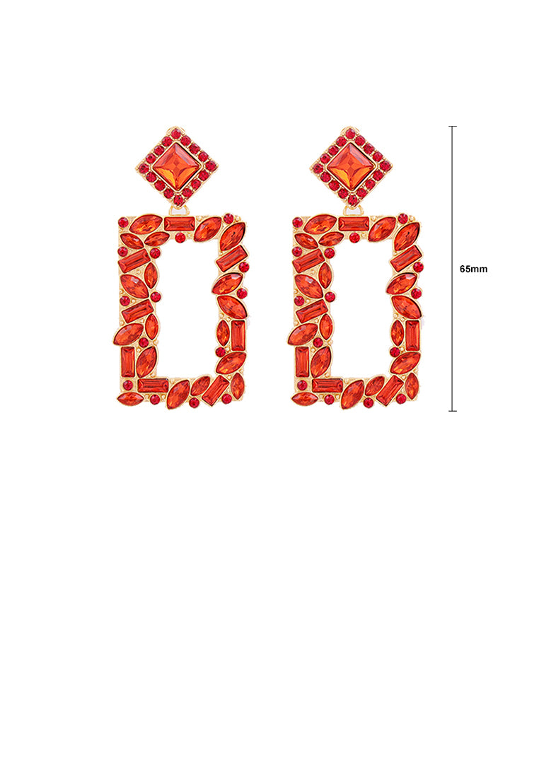 Fashion and Simple Plated Gold Hollow Rectangular Earrings with Red Cubic Zirconia - Luxurious Look - Vibrant Color