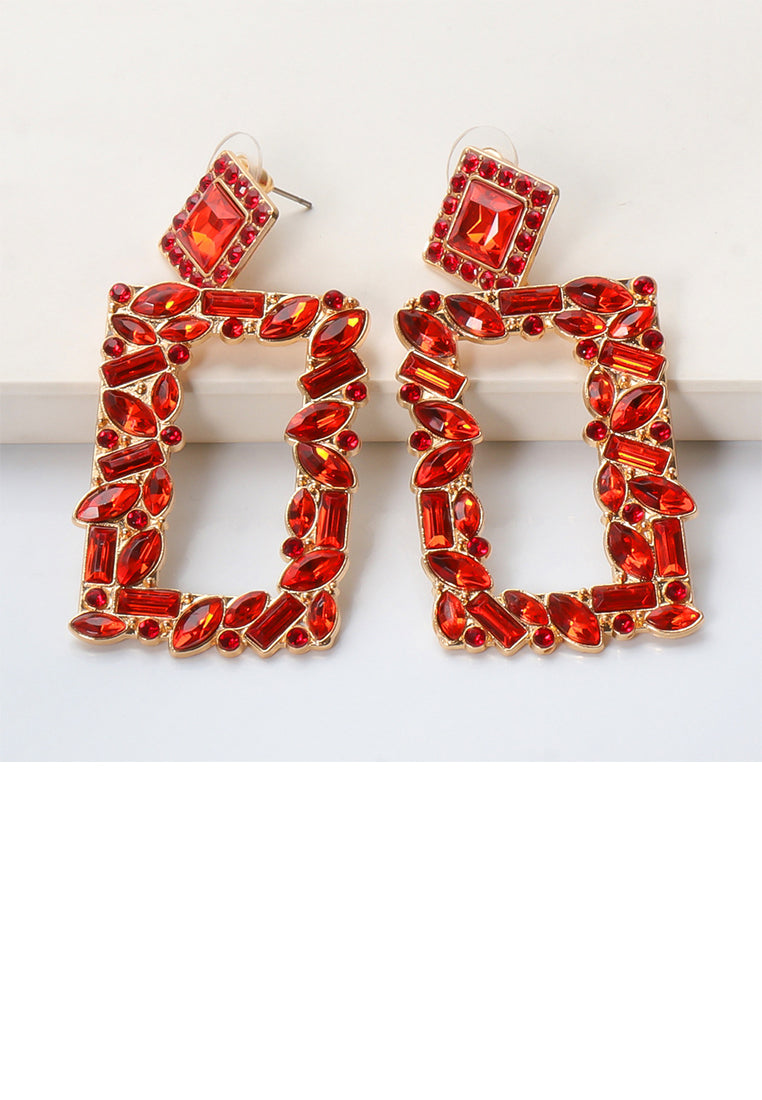 Fashion and Simple Plated Gold Hollow Rectangular Earrings with Red Cubic Zirconia - Luxurious Look - Vibrant Color