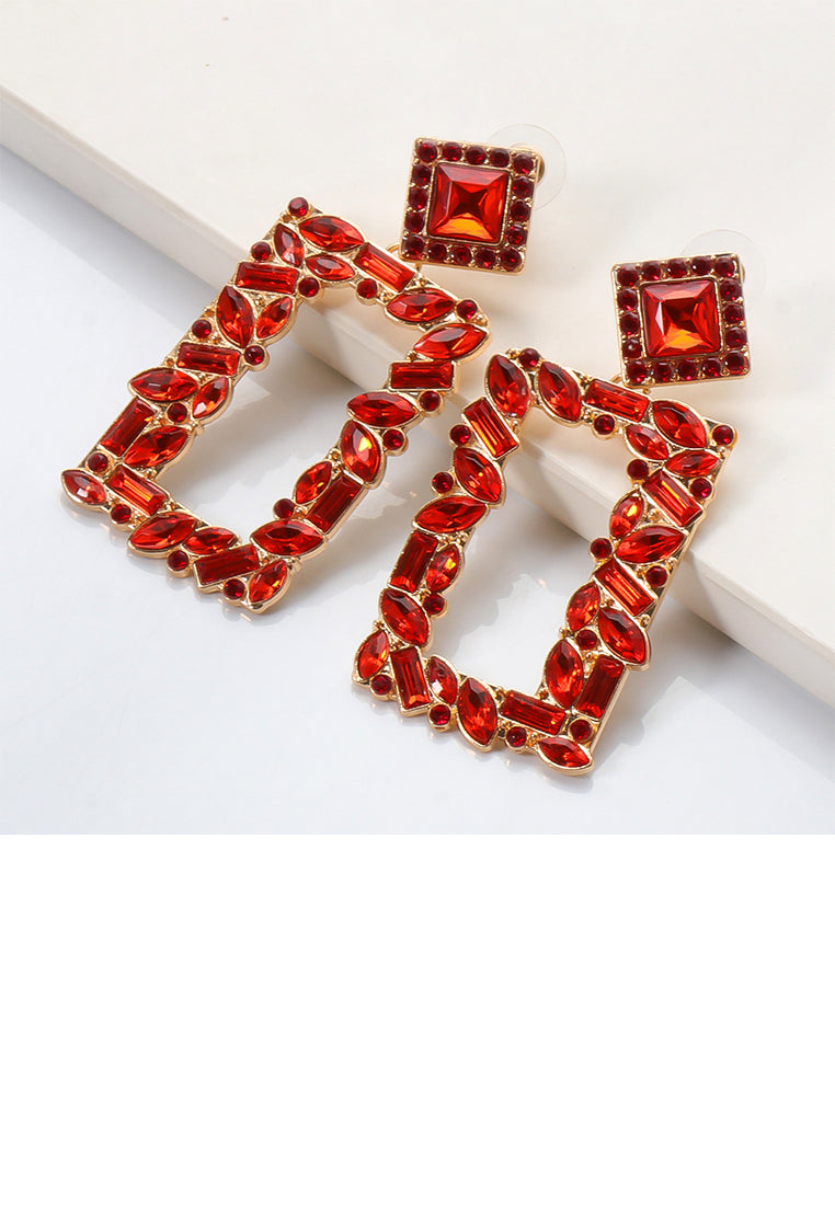 Fashion and Simple Plated Gold Hollow Rectangular Earrings with Red Cubic Zirconia - Luxurious Look - Vibrant Color