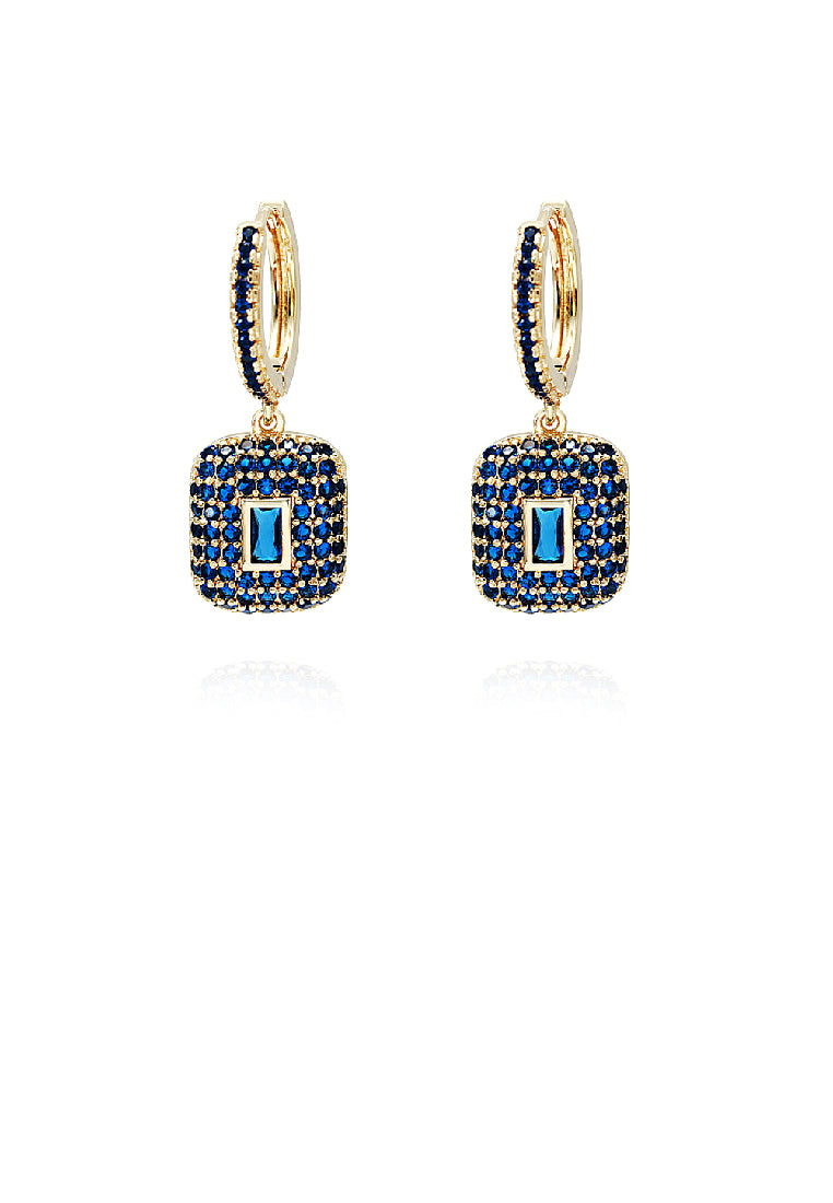 Simple Brilliant Plated Gold Geometric Cube Earrings with Blue Cubic Zirconia - Luxurious Look