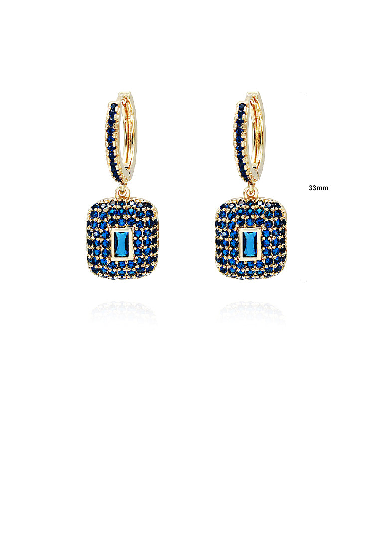 Simple Brilliant Plated Gold Geometric Cube Earrings with Blue Cubic Zirconia - Luxurious Look