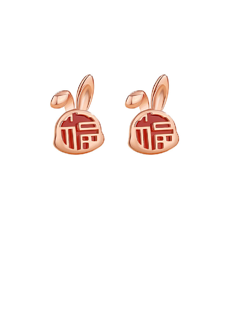925 Sterling Silver Plated Rose Gold Simple Cute Blessing Rabbit Red Imitation Agate Stud Earrings - Vibrant Color