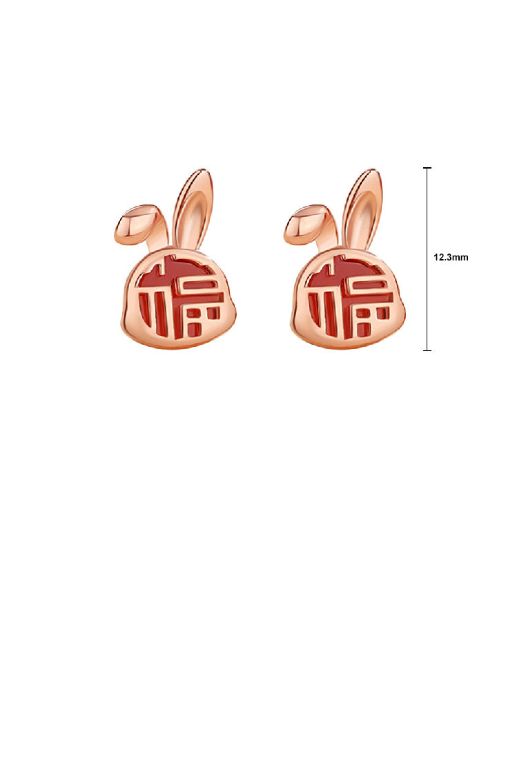 925 Sterling Silver Plated Rose Gold Simple Cute Blessing Rabbit Red Imitation Agate Stud Earrings - Vibrant Color
