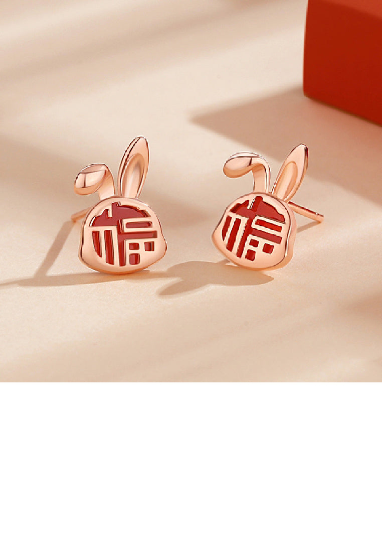 925 Sterling Silver Plated Rose Gold Simple Cute Blessing Rabbit Red Imitation Agate Stud Earrings - Vibrant Color