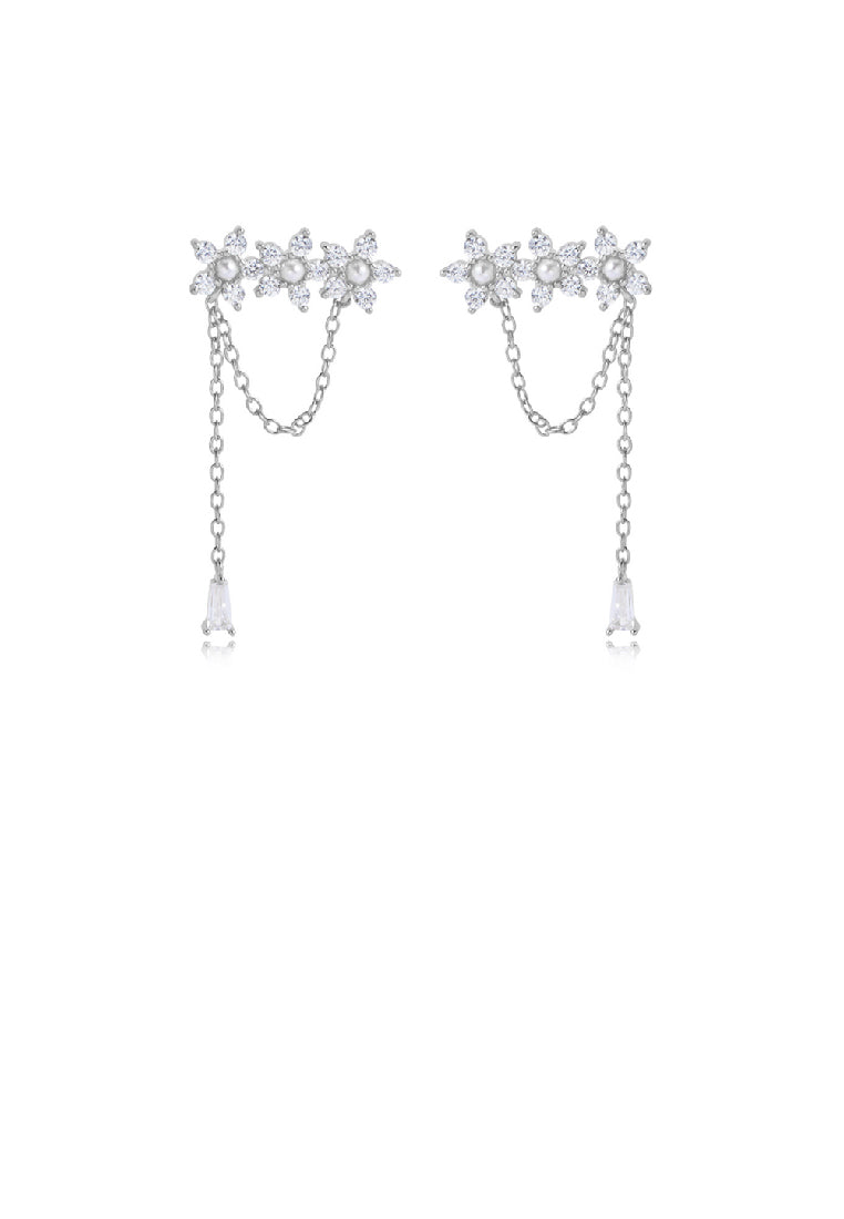 925 Sterling Silver Fashion Elegant Flower Imitation Pearl Tassel Earrings with Cubic Zirconia - Luxurious Look