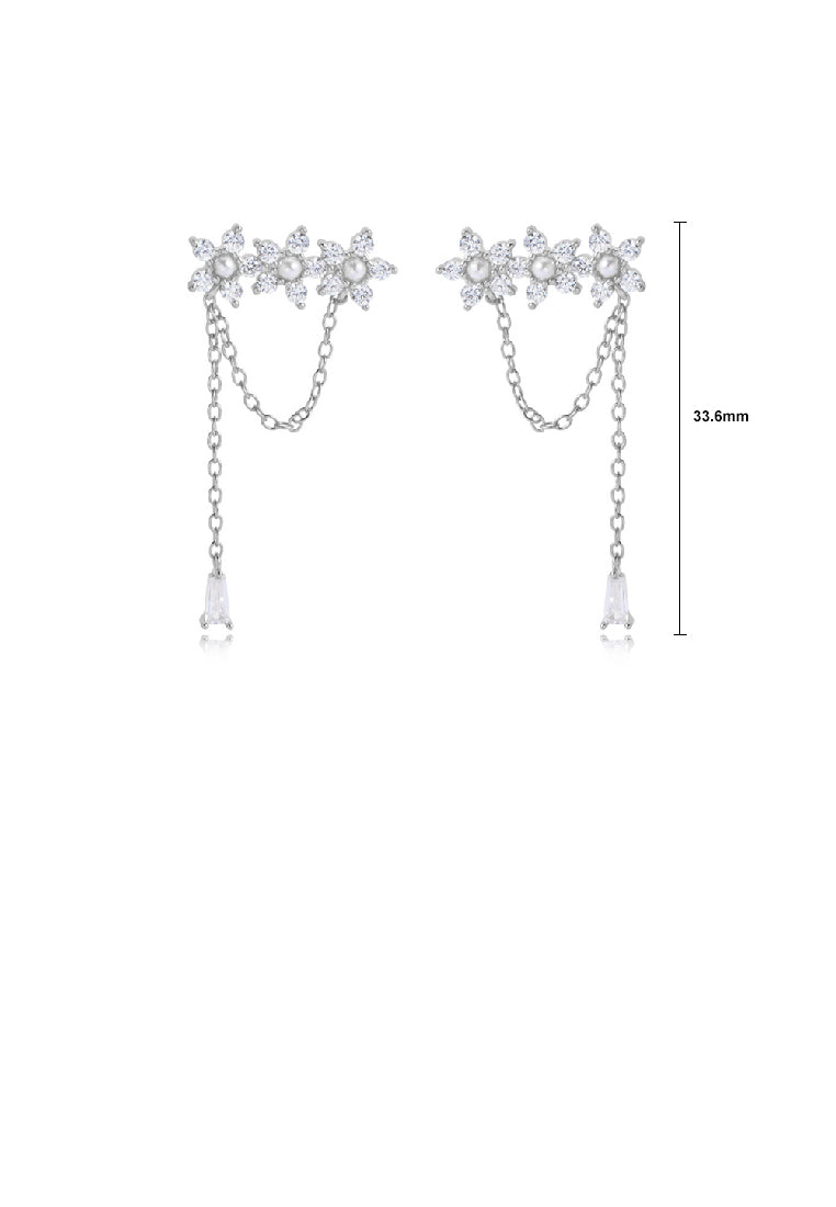 925 Sterling Silver Fashion Elegant Flower Imitation Pearl Tassel Earrings with Cubic Zirconia - Luxurious Look