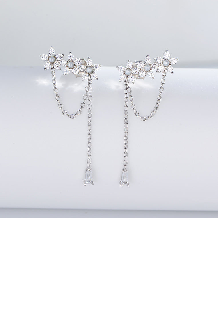 925 Sterling Silver Fashion Elegant Flower Imitation Pearl Tassel Earrings with Cubic Zirconia - Luxurious Look
