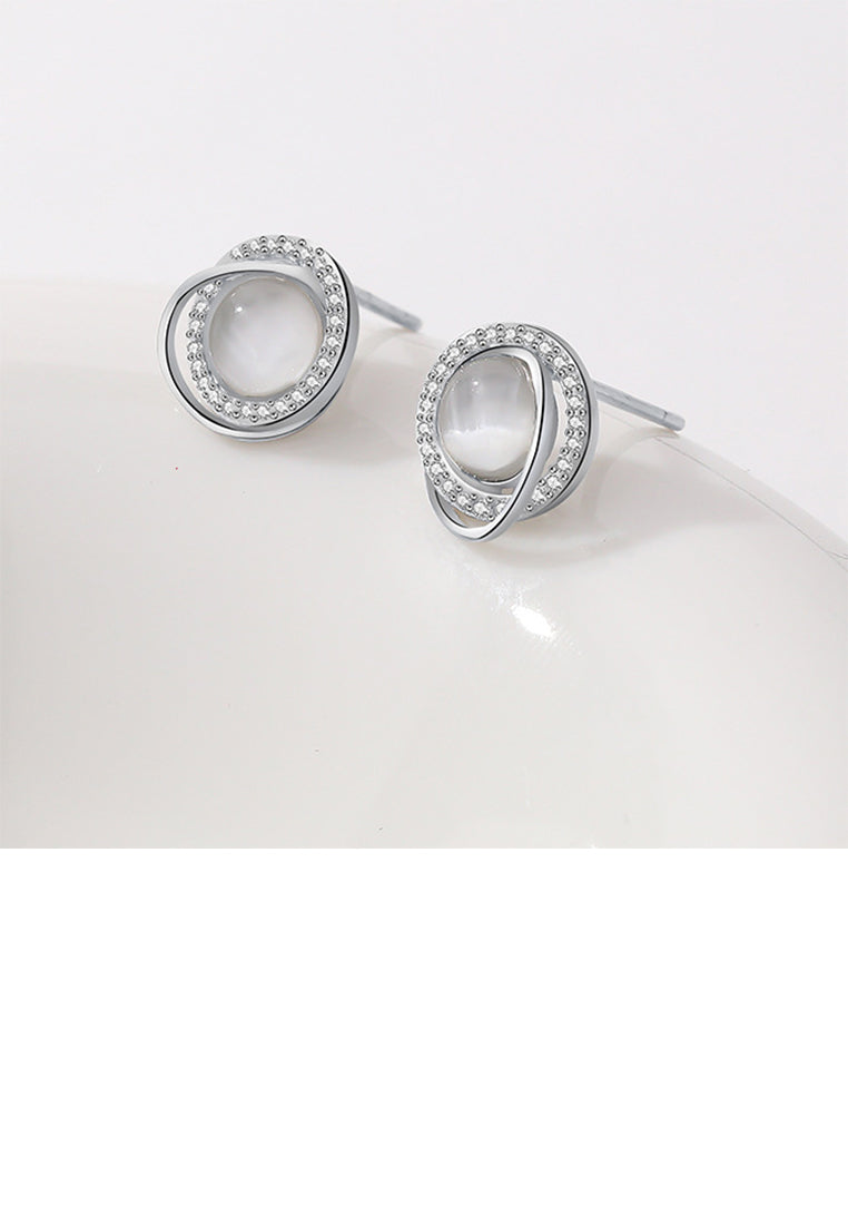 925 Sterling Silver Simple Temperament Geometric Circle Opal Earrings with Cubic Zirconia - Luxurious Look