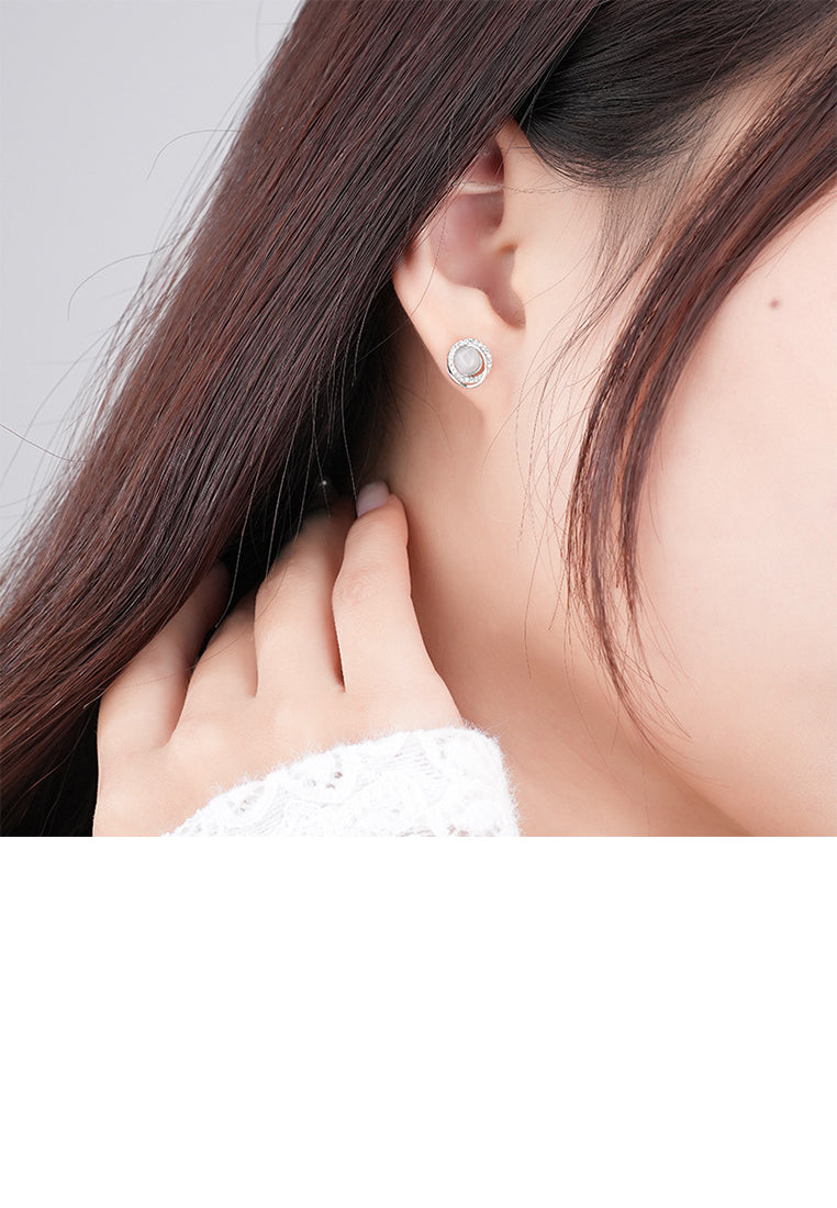 925 Sterling Silver Simple Temperament Geometric Circle Opal Earrings with Cubic Zirconia - Luxurious Look