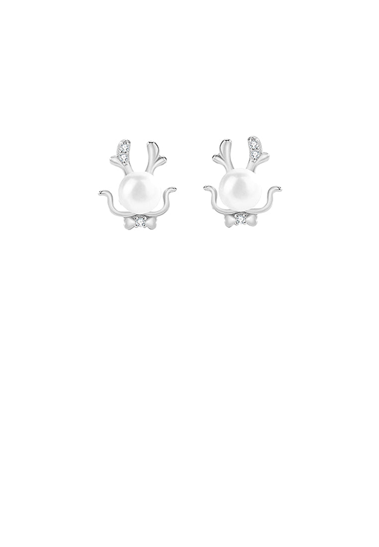 925 Sterling Silver Simple Cute Dragon Imitation Pearl Stud Earrings with Cubic Zirconia - Luxurious Look