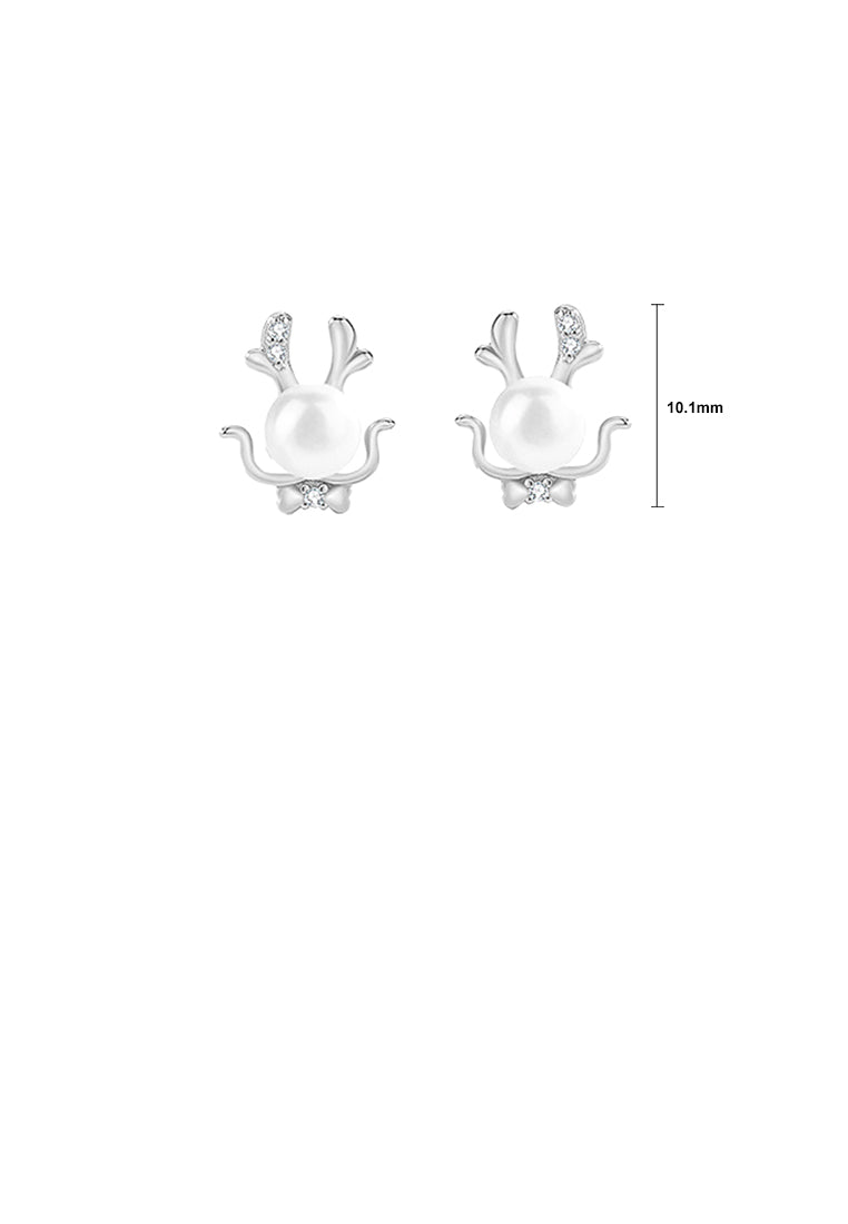 925 Sterling Silver Simple Cute Dragon Imitation Pearl Stud Earrings with Cubic Zirconia - Luxurious Look