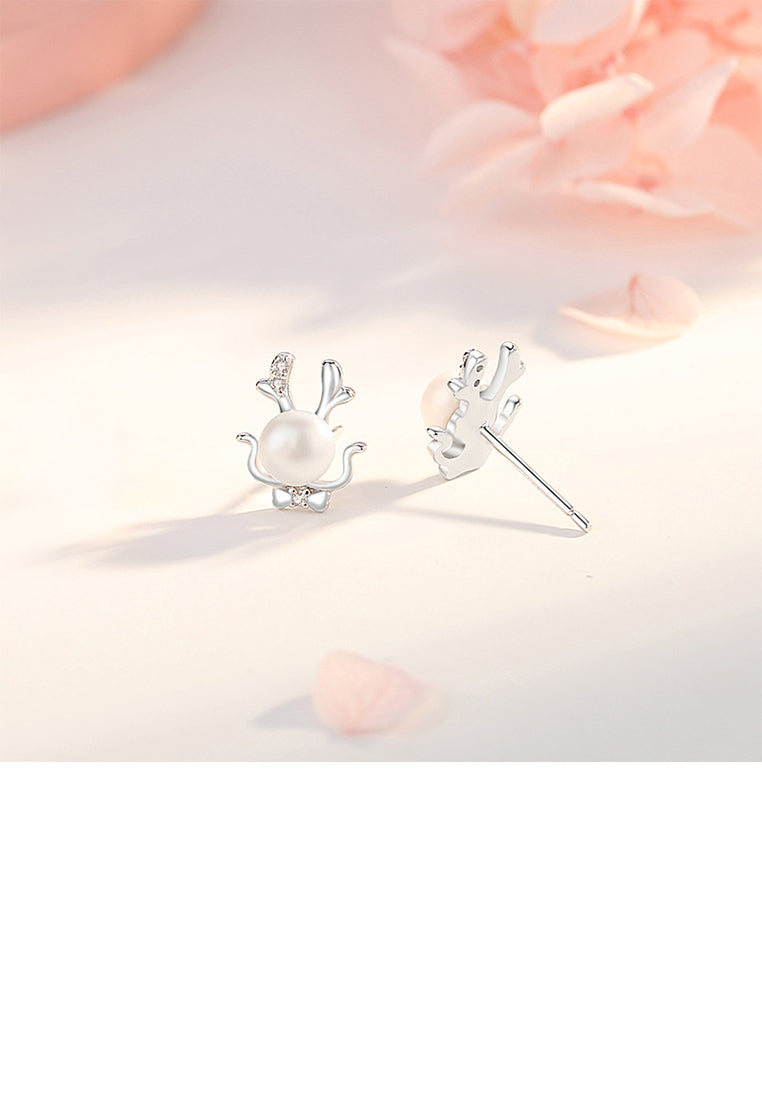 925 Sterling Silver Simple Cute Dragon Imitation Pearl Stud Earrings with Cubic Zirconia - Luxurious Look