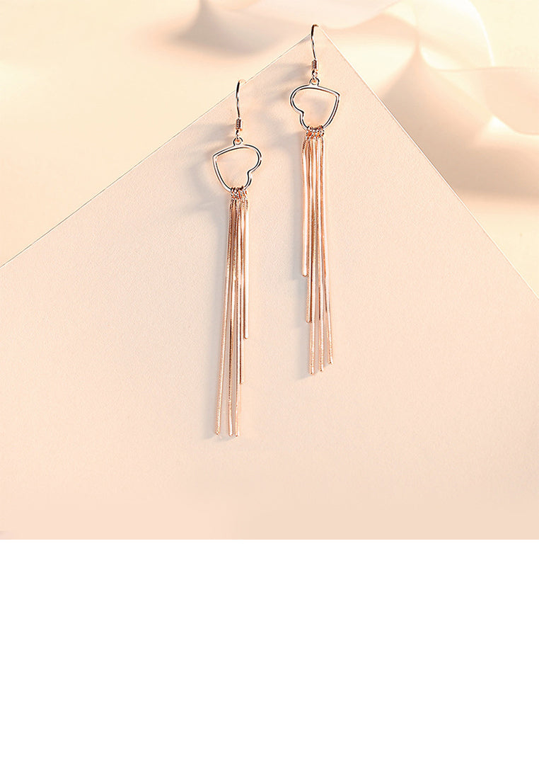 925 Sterling Silver Plated Rose Gold Fashion Simple Hollow Heart Tassel Earrings
