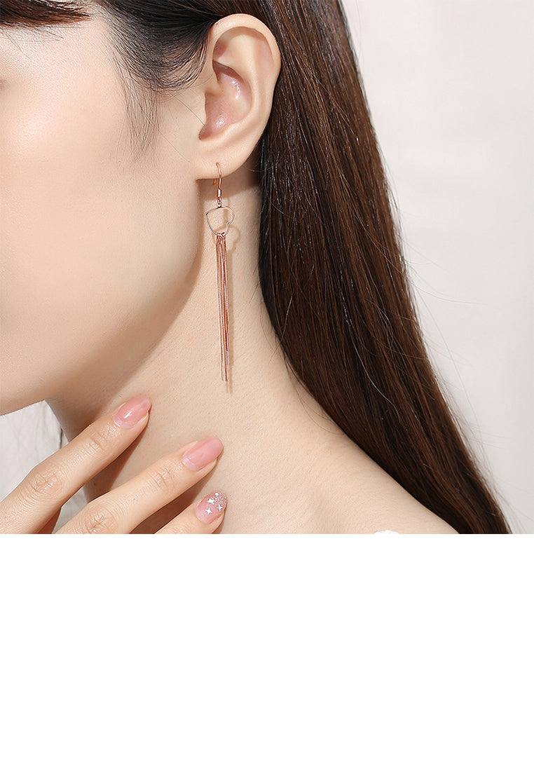 925 Sterling Silver Plated Rose Gold Fashion Simple Hollow Heart Tassel Earrings