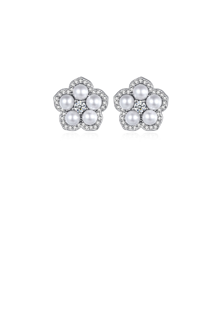 Fashion Simple Flower Imitation Pearl Stud Earrings with Cubic Zirconia - Luxurious Look