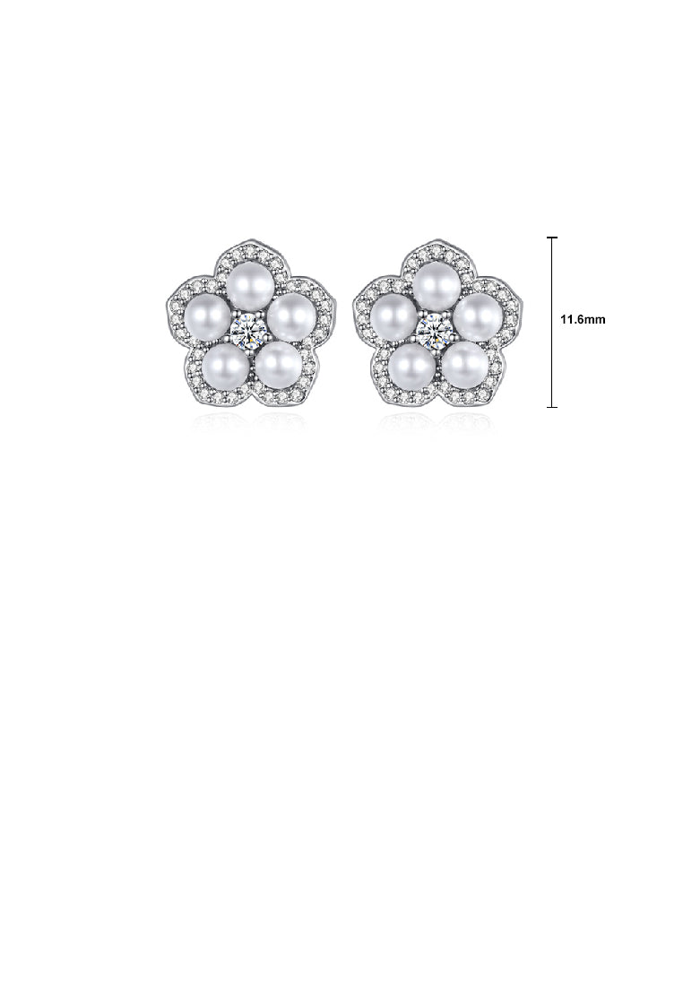 Fashion Simple Flower Imitation Pearl Stud Earrings with Cubic Zirconia - Luxurious Look