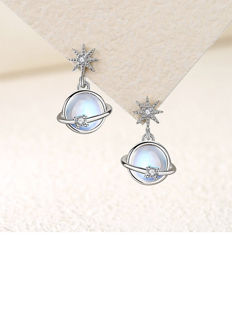 925 Sterling Silver Fashion Simple Planet Moonstone Earrings with Cubic Zirconia - Luxurious Look