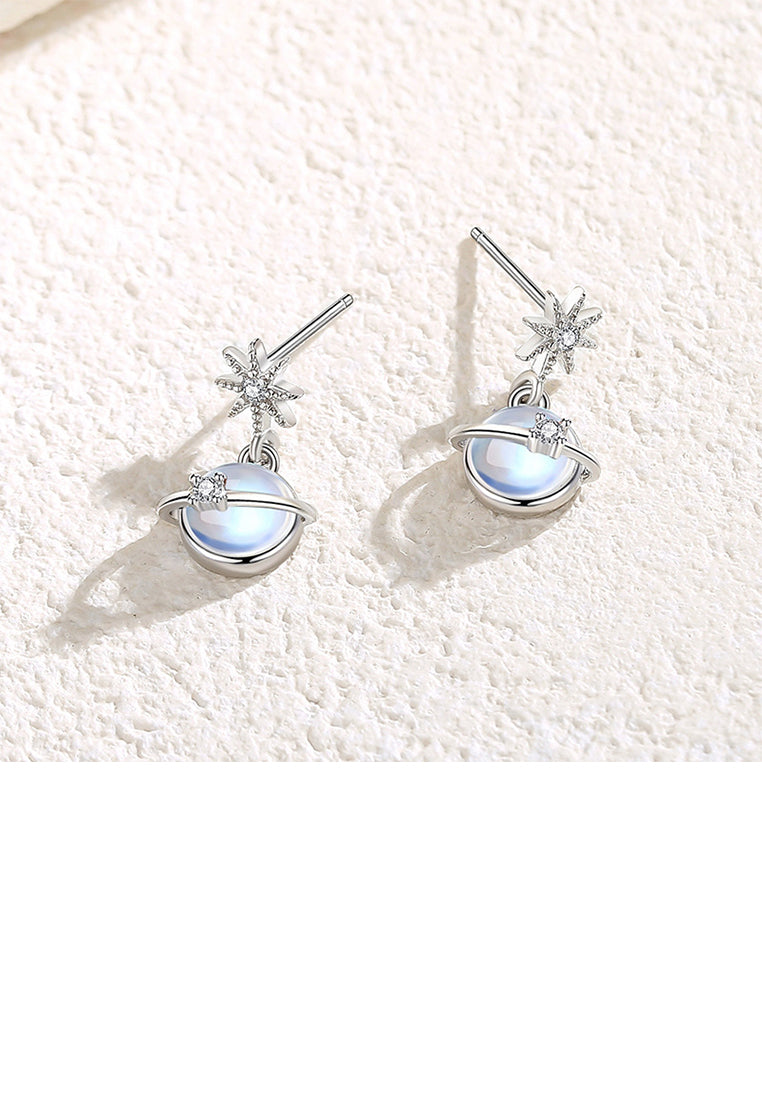 925 Sterling Silver Fashion Simple Planet Moonstone Earrings with Cubic Zirconia - Luxurious Look