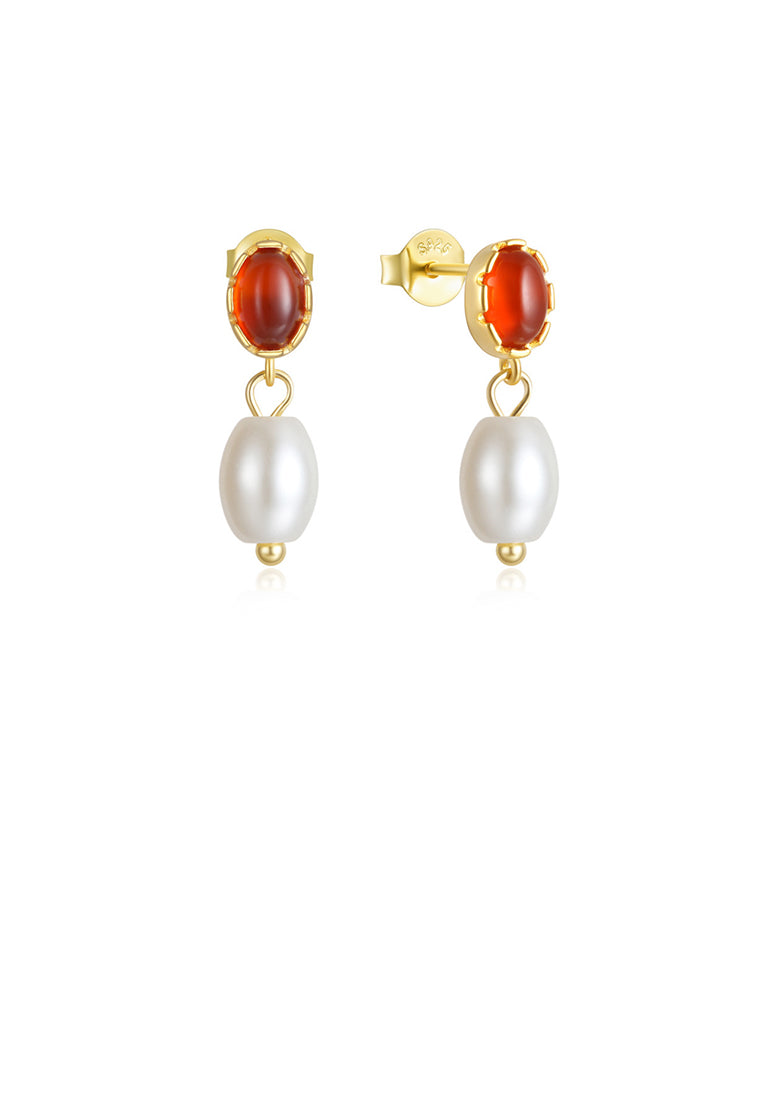 925 Sterling Silver Plated Gold Fashion and Elegant Geometric Red Agate Earrings with Imitation Pearls - Vibrant Color